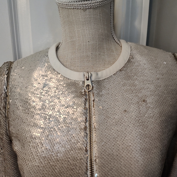😍EUC TED BAKER LONDON Blubele Sequined Cropped Cocktail Jacket, White/Gold, 0 - Picture 8 of 15